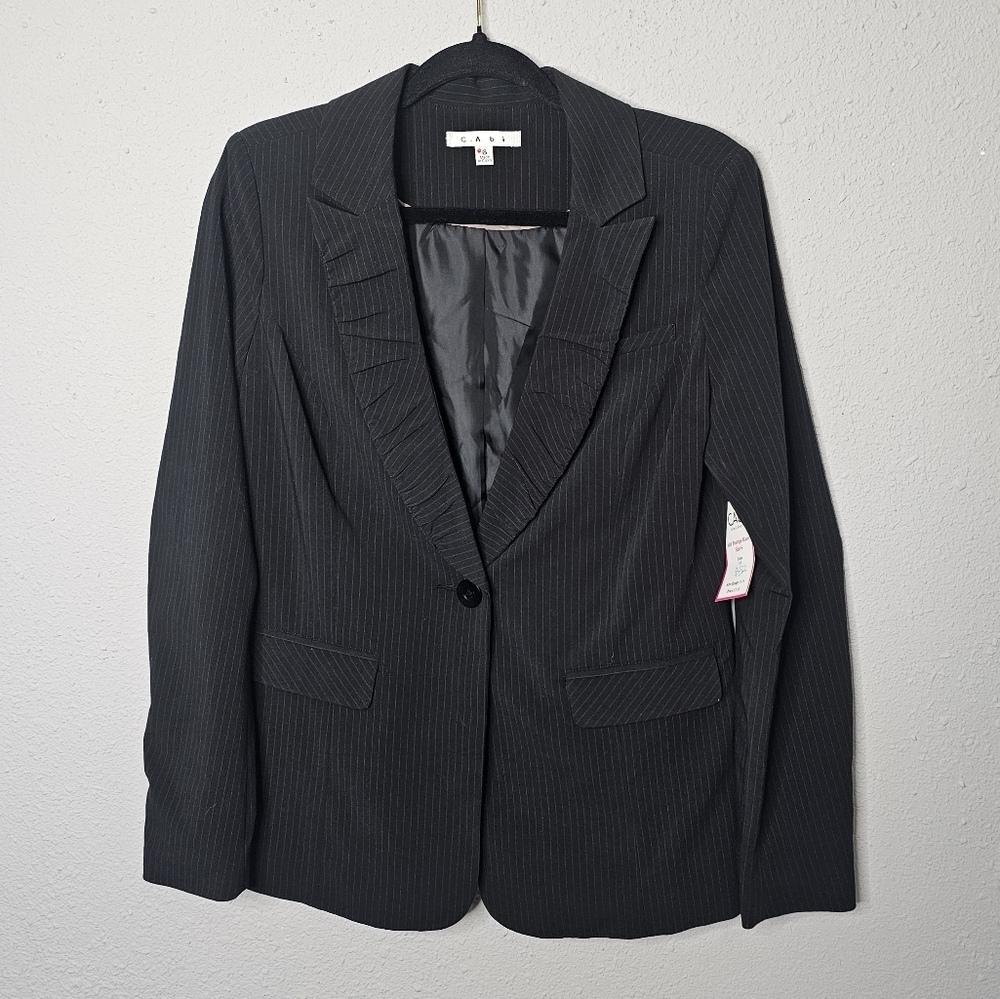 CAbi 601 Womens Black Blazer Size‎ 6 Pinstripe Ruched Career Office Business NWT